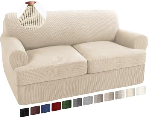 Turquoize 3 Piece T Cushion Loveseat Slipcovers Sofa Cover for 2 Cushion Couch Cover Washable Slipcover Furniture Covers with 2 Individual T Cushion Seat Covers (2 Cushion Loveseat, Biscotti Beige)