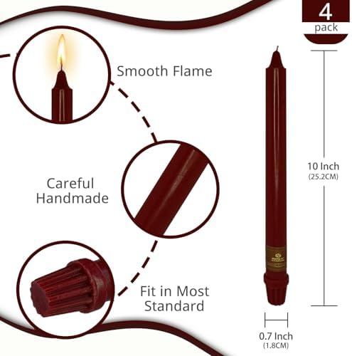 NJAO HOO Burgundy Taper Candle 10 Inch Christmas Candlesticks Red Unscented Dripless Handmade Candles for Home Decor Dinner New Year Party, 4 Pack