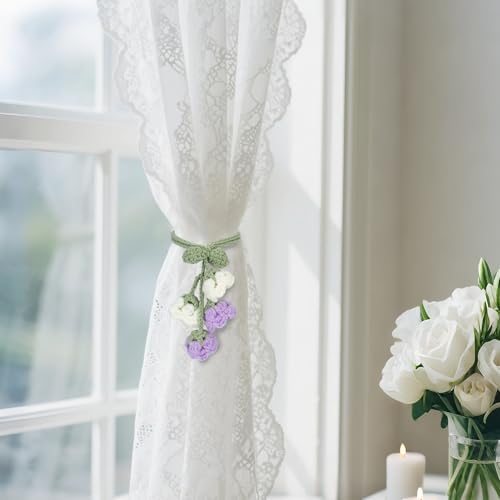 Flower Curtain Tiebacks, 4pcs Lily-of-The-Valley Curtains Holdbacks, Cute Curtain Holdbacks - No Drill Rope Holder, Drape Knitting Handmade for Nursery&Children's Room Decor (Purple/White)