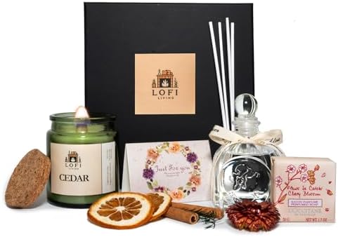 Lofi Living Aromatherapy Set – Cedar Scented Candle, Wood Wick, Scented Reed Diffuser, Luxury Soap, Gift Set for Relaxation, Stress Relief, Home Spa, 100% Soy Wax Candle