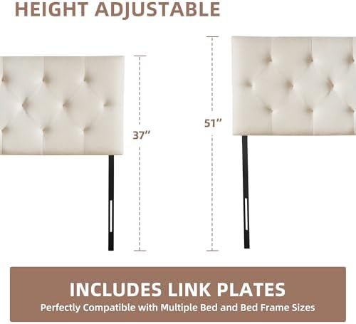Linen Headboard Twin Size, Adjustable Height Headboard 37-51 in, Beige