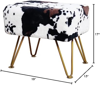 Cow Rectangle Faux Fur Ottoman 19"x13"x17" Soft Fuzzy Entryway Bench Seat Sturdy Accent Coffee Table for Living Room Make Up Vanity Shoe Stool with Golden Legs for Bedroom Closet Foot Rest
