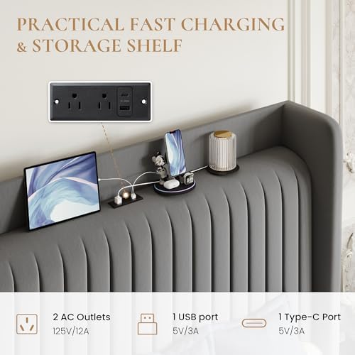 SHA CERLIN Queen Size Velvet Bed Frame with Shelf, Charging Station, Grey
