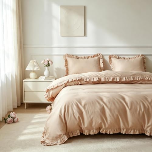 Simple&Opulence Kids 100% Organic Cotton Duvet Cover with Ruffle 68 x 86-2 PCS High End Floral Frill Lace Bedding, Romantic Cottagecore Style Comforter Cover with 1 Pillowcase, Sand, Twin