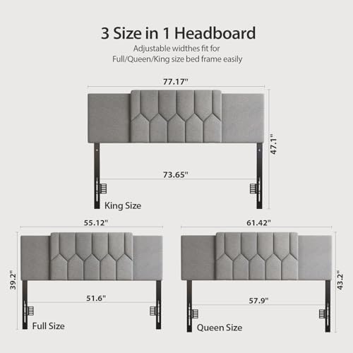 Upholstered Headboard Full/Queen/King Size，Adjustable Height & Width, Grey