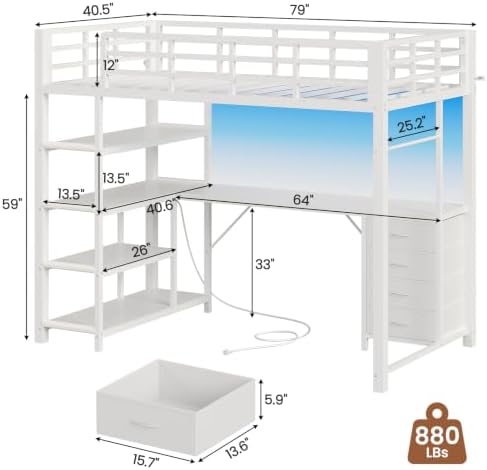 Loft Bed Twin Size with L Shape Desk,4 Drawers,3-Tier Storage Shelves Metal Loft Bed Frame with Power Outlet and LED Lighted,No Box Spring Needed,Space-Saving,Noise Free (White, Twin Size)