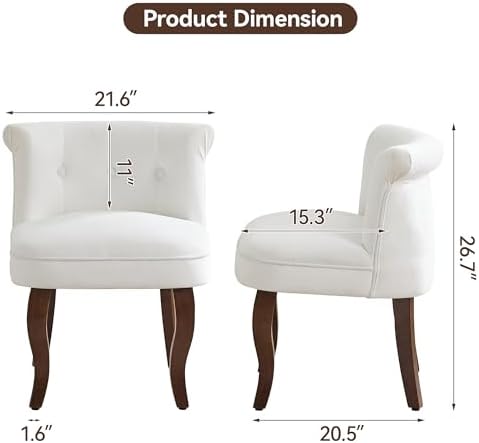 WUTUTUEE Velvet Vanity Chair with Back, Tufted Upholstered Vanity Stool with Solid Wood Legs, Mid Century Small Makeup Chair for Vanity, Accent Chair for Bedroom, Living Room, White