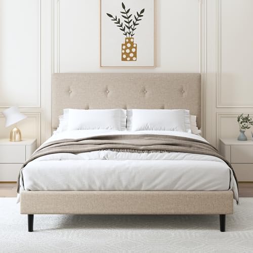 Queen Size Linen Bed Frame with Adjustable Headboard Beige