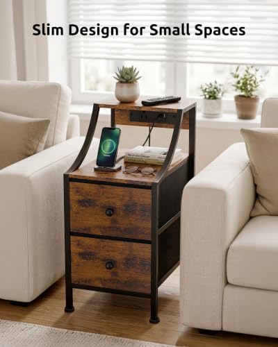 Lazzanto Narrow Nightstand with Charging Station for Bedroom, Dorm