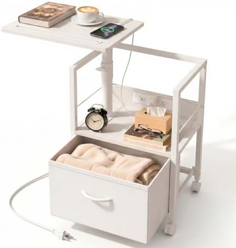 Faesun Night Stand with Charging Station & Swivel Top, White