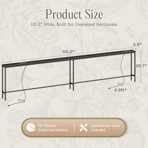 Huuger 110.2 Inch Behind Couch Table with 2 Power Outlets and USB-C Ports, Extra Long Narrow Sofa Table for Sectional Sofa, Skinny Console Table with Anti-Bump Pads, for Living Room, Black