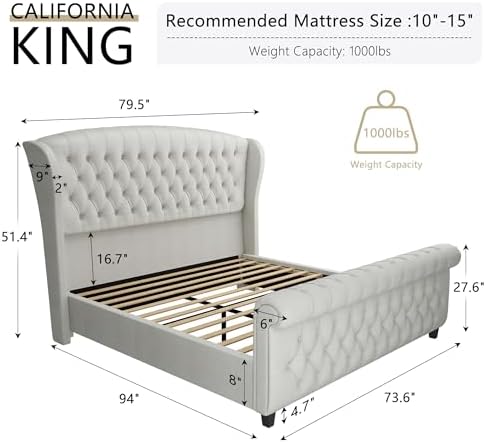 AMERLIFE California King Upholstered Sleigh Bed Frame with Headboard