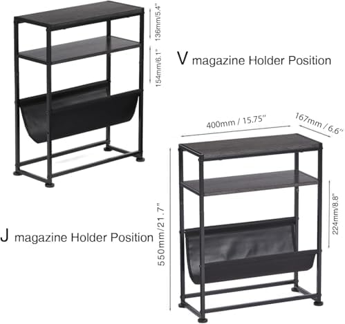 Narrow End Table for Small Spaces - Slim Side Table with Magazine Holder,2 in 1 Design Narrow Coffee Table Living Room,Skinny Bedroom Nightstand Thin Side Magazine Table,Black