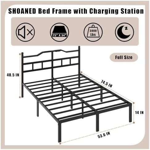 14 Inch Metal Bed Frame - Full Size Heavy Duty Bedframe with Charging Station & Headboard Basic Steel Slats Platform No Box Spring Needed/Easy Assembly/Noise Free
