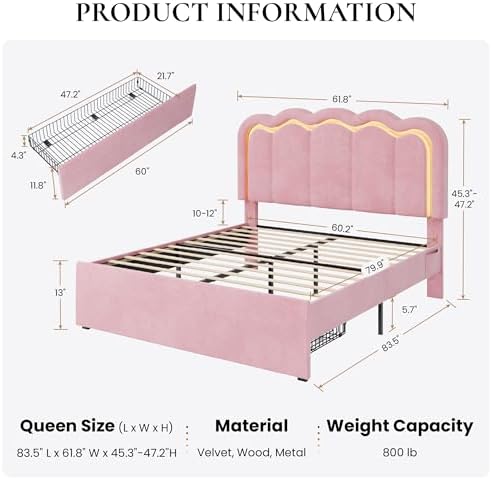 SHA CERLIN Queen Size Bed Frame with LED Lights and Storage Drawer, Pink