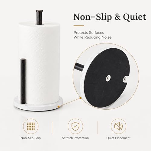 Oil Rubbed Bronze Paper Towel Holder for Kitchen Countertop, 304 Stainless Steel Roll Dispenser with White Engineered Marble Weighted Base, Freestanding Paper Towel Stand for Standard Rolls
