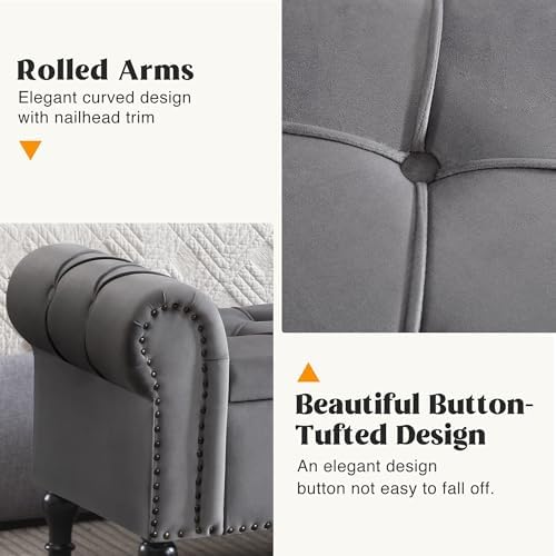 Velvet Storage Bench 67 Inch Upholstered Tufted Ottoman Bench with Rolled Arms Large Storage Space King Size End of Bed Bench for Bedroom Living Room Entryway Dark Grey