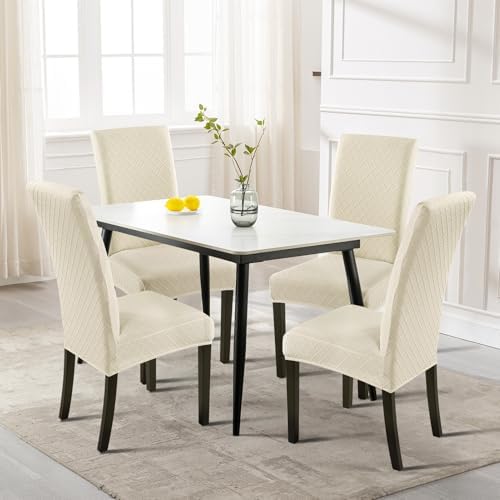 SearchI Dining Room Chair Covers Set of 4, Stretch Jacquard Parsons Chair Slipcovers Super Fit Removable Washable Kitchen Chair Protector Cover for Dining Room, Hotel, Ceremony (Beige Rhombus)