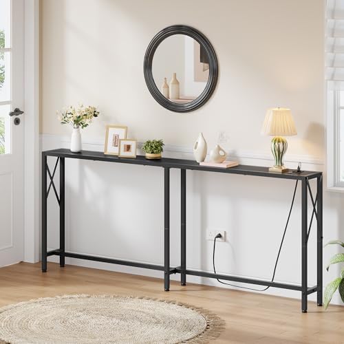 Gewudraw 70" Sofa Table Behind Couch with Socket-Narrow Console Table,Black