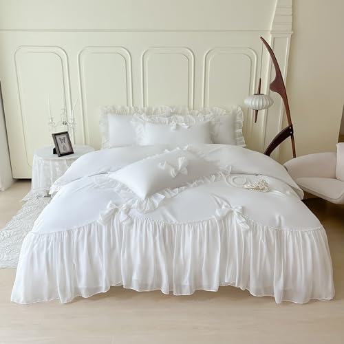 SOUKECHY Girls Lace Bedding,Full Comforter Cover Set, Chic Ruffled Duvet Cover with Lovely Bow,Princess Style 1 Duvet Cover with 2 Pillowcases, No Comforter-White,Full Size