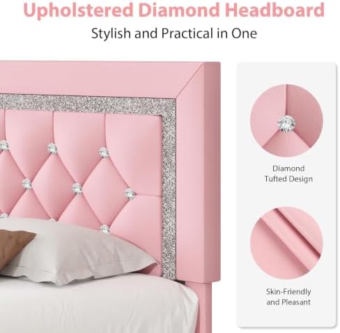BarnFurin Full Size Bed Frame with Tufted Button Headboard,Pink