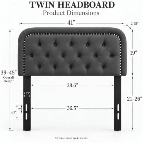 Tufted Upholstered Twin Size Headboard only - Button Solid Wood HeadBoards with Adjustable Height - Modern Velvet Padded Bed Headboard - Easy Assembly - Nailhead, Grey