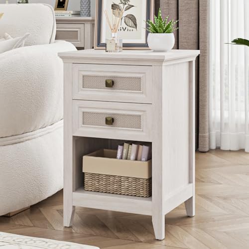 RoyalCraft Rattan Nightstand for Bedroom, Tall Bedside Table with 2 Drawers
