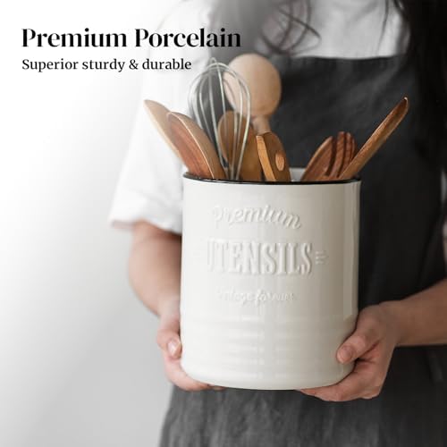 DOWAN 7.2" Large Ceramic Utensil Holder for Kitchen Counter, Beige