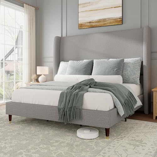 Jocisland Queen Bed Frame Tall Wingback Headboard Upholstered, Light Grey