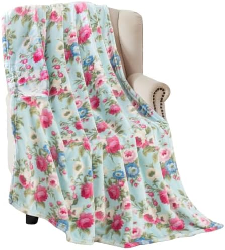 Soft Fleece Throw Blanket, Elegant Floral Roses Pink Blue Aqua, 50x70