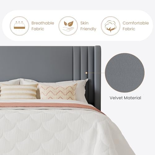 SHA CERLIN Queen Velvet Upholstered Bed Frame, Wingback Headboard, Grey