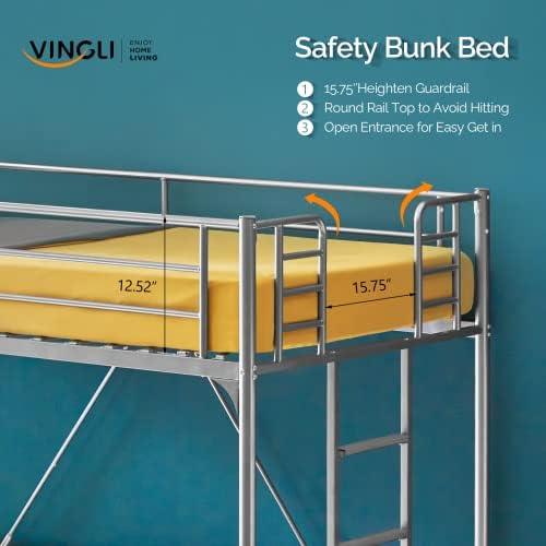 VINGLI 71 Inches Tall Loft Bed Twin Size with Flat Ladder Rung for Kids Teens Adults Heavy Duty Metal Single Bunk Bed Loft with Safety Guard Rails for Small Space, Gray