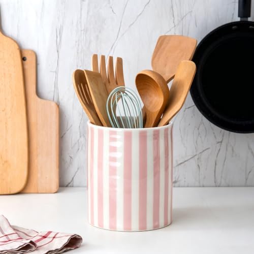 Kitchen Utensil Holder,7.2-inch Extra Large Ceramic Stripes Pattern Utensil Crock,Cooking Utensil Organizer for Kitchen Counter Decor,Storage Caddy Farmhouse Gift Pink