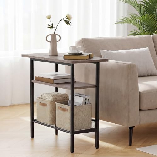 HOOBRO Side Table, Narrow End Table with Shelf, with Wide Storage Tabletop, 3-Tier Bedside Tables for Small Spaces for Living Room, Bedroom, Study, Greige and Black BG366BZ01