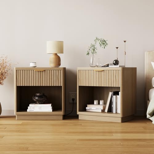 Fluted Nightstand Set of 2 with Charging Station,Drawer&Open Shelf,Natural