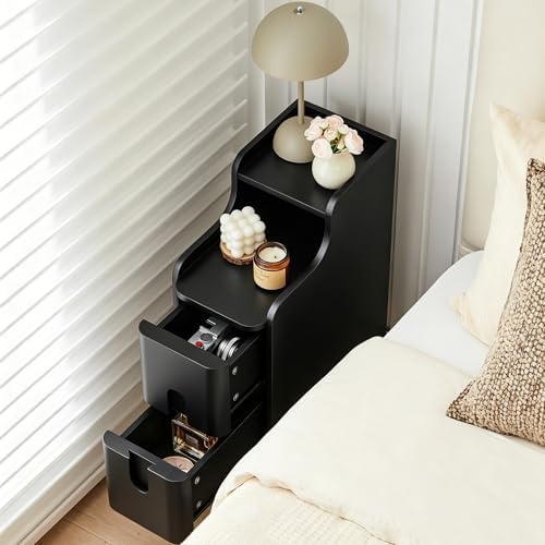 Narrow Nightstand Set of 2, Wood 2 Drawer Small Nightstand, Slim Side Table, Modern Skinny End Bedside Table, Natural Wood Night Stand with Drawers for Bedroom (Black-2 pc)