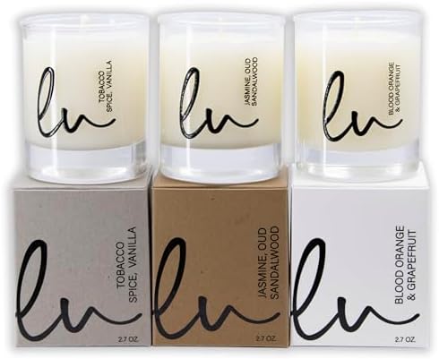 Lulu Candles | Jasmine, Oud & Sandalwood, Tobacco Spice & Vanilla, Blood Orange & Grapefruit | Luxury Scented Soy Jar Candle | Hand Poured in The USA | Highly Scented (Gift Set 3 PC - 2.7 Oz Votives)