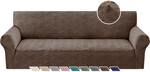 YEMYHOM 1 Piece Stretch Oversized Couch Covers for 4 Seat, Jacquard Extra Large Sofa Cover with Non-Slip Elastic Bottom, Thickened Slipcover Furniture Protector for Dogs Pets (X-Large, Brown）