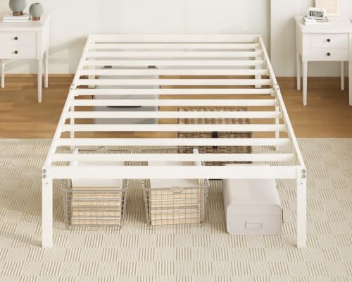 Allewie Twin Bed Frame, 14 inch Metal Beds with Storage Space, Beige