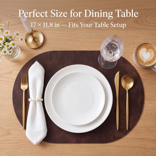 Oval Placemats Set of 8, Wipeable Faux Leather, Coffee
