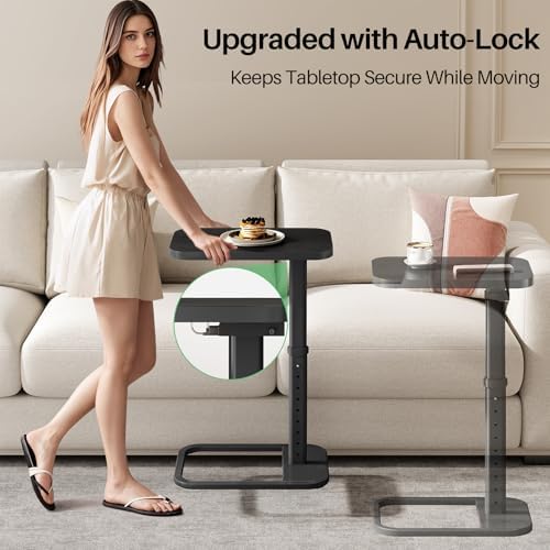 Kitstorack Upgraded TV Tray Table with Panel Lock, Adjustable Height & 90° Flip-Over Design, Sofa Arm End Side Table for Eating, Dinner, Snack, Laptop, Couch, Bed, Chair or Small Spaces, Black