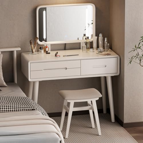 Solid Wood Vanity Stool, Padded Foot Stools Ottoman, White