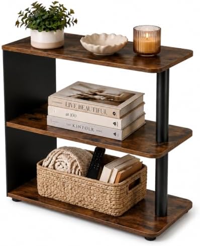 3-Tier Narrow End Table, Industrial Slim Side Table, Rustic Brown