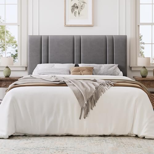 SHA CERLIN Full Size Velvet Bed Frame with Adjustable Headboard, Grey