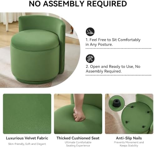Large Velvet Vanity Chair, 360° Swivel Makeup Chair with Storage, Green