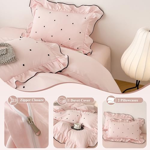 Black Polka Dot Duvet Cover Queen 3-Piece Vintage Pink Ruffled Bedding Set