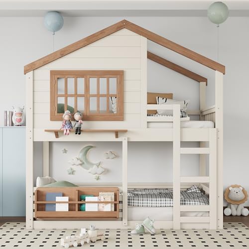 Twin Over Twin Size House Bunk Bed with Storage Bookshelf, Beige