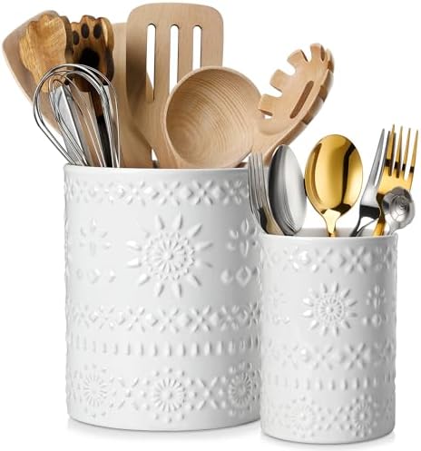 LOVECASA 7.2"+5.4" Ceramic Utensil Holder Set of 2, Farmhouse Crock