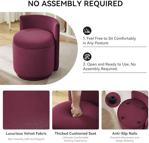 WUTUTUEE Velvet Vanity Chair with Storage, 360° Swivel Makeup Chair with Wave Back, No Assembly Small Accent Stool for Bedroom, Dressing, Living Room, Burgundy