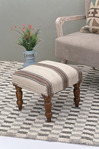 Handmade Jute Ottoman Stool with Wooden Legs | Square Upholstered Foot Rest & Accent Seating | Woven Vanity Stool for Living Room, Bedroom, Hall, Entryway & Home Décor (White Wool)